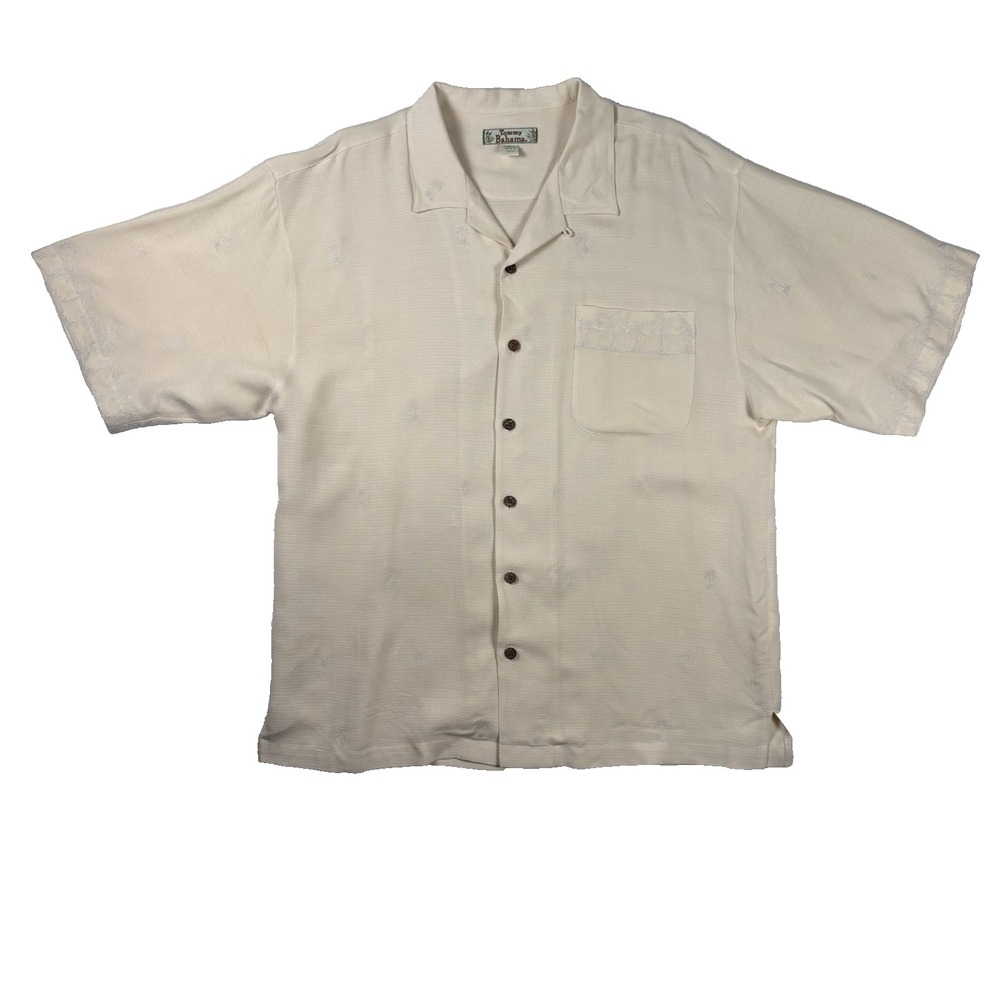 TOMMY BAHAMA Hawaiian Shirt Men's Size XL 100% Silk Cream Embroidered Button Up